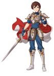  armor boots breastplate brown_eyes brown_hair cape clenched_hand ebinku fingerless_gloves fire_emblem fire_emblem:_genealogy_of_the_holy_war fire_emblem:_thracia_776 gloves highres holding holding_weapon leif_(fire_emblem) light_brand pauldrons red_cape short_hair shoulder_armor sword two-tone_cape weapon white_armor white_cape white_footwear 
