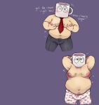  belly big_belly big_breasts bottomwear boxers_(clothing) breasts clothing coffee_cup coffee_mug container cup heart_boxers heart_underwear hi_res humanoid joe_cuppa male male/male mug pants pecs solo st637 text underwear 