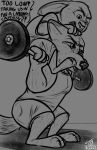  anthro barazoku barbell bodily_fluids bottomwear canid canine carrying clothing crossgender dialogue disney duo english_text exercise fox hi_res judy_hopps lagomorph leporid male mammal muscular muscular_male nick_wilde rabbit shirt shorts sweat tangerine_(artist) tank_top text topwear workout zootopia 