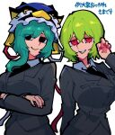  2girls asymmetrical_hair black_eyes black_jacket black_necktie blue_headwear breasts collared_shirt crossed_arms green_hair grin hand_up iganashi1 jacket kazami_yuuka multiple_girls necktie red_eyes shiki_eiki shirt smile suit touhou white_background 