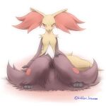  1:1 ambiguous_gender anthro biped blush brown_body brown_fur delphox front_view fur generation_6_pokemon hi_res inner_ear_fluff kajinchu looking_aside nintendo orange_body orange_fur pokemon pokemon_(species) simple_background solo tuft white_body white_fur yellow_body yellow_fur 