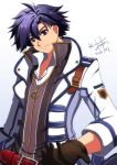  1boy ahoge akane_kazami black_hair coat dated eiyuu_densetsu gloves highres open_hand outstretched_hand purple_eyes rean_schwarzer sen_no_kiseki sen_no_kiseki_iii signature smile solo swept_bangs 