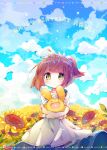  1boy 1girl ana_(rznuscrf) arle_nadja blue_sky blush brown_hair carbuncle_(puyopuyo) carrying dress flower hair_flower hair_ornament looking_at_viewer madou_monogatari ponytail puyopuyo sky smile sunflower white_dress yellow_eyes 