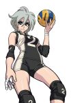  1girl ball bandages black_eyes black_shorts breasts closed_mouth elbow_pads eyelashes grey_hair hand_up holding holding_ball looking_at_viewer medium_breasts nihonbashi_yowoko official_art shin_guards shorts shoujo_fight simple_background smile solo sportswear standing thick_thighs thighs volleyball volleyball_(object) volleyball_uniform 