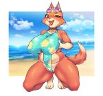  2023 4_toes absurd_res animal_crossing anthro audie_(animal_crossing) beach big_breasts blonde_hair blue_eyes boingfarm breasts canid canine cheek_tuft clothing collar curvy_figure dipstick_tail eyelashes eyeshadow eyewear eyewear_on_head facial_tuft fangs feet female fox hair hi_res holding_breast huge_breasts kneeling looking_at_viewer makeup mammal markings nintendo one-piece_swimsuit open_mouth open_smile sand seaside short_hair slightly_chubby smile solo sunglasses sunglasses_on_head swimwear tail tail_markings teeth thick_thighs toes tongue tongue_out tuft voluptuous water wide_hips 