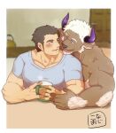  2boys absurdres animal_ears bara blue_shirt blush border brown_fur commentary_request cow_ears cow_horns cup facial_hair furry furry_male goatee highres holding holding_cup horns indoors konoji_(ac_oekk) large_pectorals looking_at_another male_focus minotaur multiple_boys muscular muscular_male nude open_mouth outside_border parted_lips pectorals protagonist_3_(housamo) purple_eyes purple_horns shennong_(housamo) shirt short_hair signature t-shirt thick_eyebrows tokyo_afterschool_summoners upper_body white_border white_hair yaoi 