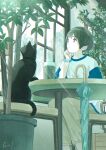  1girl absurdres animal_collar black_cat black_eyes black_hair bracelet cat coffee_cup collar cup disposable_cup highres indoors jewelry original sitting solo taka_(tsmix) umbrella window 
