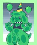  anthro balloon balls big_butt big_penis birthday_hat black_clothing black_crop_top black_eyes black_topwear bottomless butt clothed clothing collar crop_top digital_media_(artwork) fictium_(big_fictium) flaccid front_view genitals gesture goo_creature goo_hair green_body green_ears hat headgear headwear hi_res humanoid_genitalia humanoid_penis inflatable male melomor navel one_eye_closed partially_clothed party_hat penis pixel_(artwork) pose pseudo_hair shirt slime solo spiked_collar spikes standing tail thick_thighs tongue tongue_out topwear v_sign 
