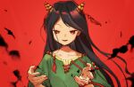  1girl black_hair green_shirt hands_up highres horn_ornament horns kaigen_1025 long_hair nippaku_zanmu oni_horns open_mouth red_background red_eyes red_rope rope shirt short_sleeves simple_background solo touhou wide_sleeves wind 