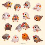  animal animal_focus artist_name bird black_eyes commentary english_commentary finch no_humans one_eye_closed original pikaole simple_background solid_circle_eyes watermark yellow_background zebra_finch 