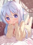  1girl blue_eyes blue_hair blush chinomaron gochuumon_wa_usagi_desu_ka? hair_between_eyes hair_ornament heart heart-shaped_pupils highres kafuu_chino long_hair looking_at_viewer open_mouth smile solo symbol-shaped_pupils x_hair_ornament 