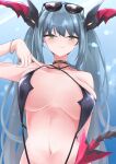  1girl absurdres azur_lane black_choker blue_hair breast_lift breasts choker collar cross dragon_girl dragon_horns dragon_tail eyewear_on_head fang hair_between_eyes hand_on_own_chest hand_up highres horns iron_cross large_breasts long_hair looking_at_viewer mechanical_horns mechanical_tail midriff navel osatou_(soul_of_sugar) outdoors pulled_by_self regensburg_(azur_lane) regensburg_(dark_dragon_brilliant_beach)_(azur_lane) slit_pupils smile solo spiked_collar spikes string_pull sunglasses sunlight swimsuit tail teasing twintails very_long_hair yellow_eyes 