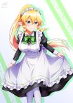  1girl alternate_costume apron black_dress blush bow bowtie braid closed_mouth collared_shirt dress enmaided feet_out_of_frame frilled_apron frills green_bow green_bowtie hair_between_eyes highres juliet_sleeves ken-ji leafa leaning_forward long_sleeves maid maid_apron maid_headdress ponytail puffy_sleeves shirt smile solo sword_art_online twin_braids watermark white_background 