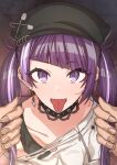  1boy 1girl beret black_bra black_choker black_headwear blunt_bangs blush bra choker collarbone diagonal_bangs ear_piercing earrings erere grabbing_another&#039;s_hair hat idolmaster idolmaster_shiny_colors jewelry long_hair looking_at_viewer open_mouth piercing pov pov_hands purple_eyes purple_hair shirt smile solo_focus studded_choker tanaka_mamimi tongue tongue_out torn_clothes torn_shirt twintails underwear white_shirt 