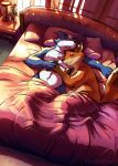  2023 anthro badger bed bedding blanket blue_body canid canine detailed_background disney duo embrace fox furniture gideon_grey guffaw hug humanoid_hands lying male male/male mammal mustelid musteline overweight overweight_male pillow white_body zootopia 