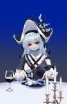  1girl arknights black_dress black_headwear blue_background candle candlestand cup dress drinking_glass fish_skeleton fork gradient_background grey_hair hat highres holding holding_fork holding_knife knife long_hair open_mouth red_eyes solo specter_(arknights) specter_the_unchained_(arknights) wine_glass xity 