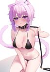  1girl ahoge animal_ear_fluff animal_ears bare_shoulders bikini black_bikini black_collar blush breasts cat_ears cat_girl cat_tail cleavage collar hair_between_eyes hololive large_breasts leash looking_at_viewer medium_hair navel negima_(le_ne38) nekomata_okayu open_mouth purple_eyes purple_hair short_hair solo swimsuit tail virtual_youtuber 