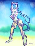  1girl amazon_pandora ass bare_shoulders blue_hair breasts cammy_stretch_(meme) cleavage highres kid_icarus kid_icarus_uprising long_hair medium_breasts meme nintendo non-web_source thighhighs thighs 