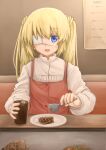  1girl :d absurdres blonde_hair blue_eyes cake cake_slice casual cola colored_eyelashes commentary_request cup eyepatch food glasses hair_between_eyes highres holding holding_cup indoors light_blush long_hair long_sleeves looking_at_viewer nakatsu_shizuru nekubi0824 one_eye_covered open_mouth overalls pov red_overalls restaurant rewrite shirt smile solo straight-on twintails upper_body white_shirt 