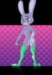  2023 anthro blazera breasts butt disney eyebrows female fur genitals grey_body grey_fur hi_res judy_hopps lagomorph latex latex_stockings leporid long_ears looking_at_viewer looking_back looking_back_at_viewer mammal purple_eyes pussy rabbit scut_tail short_tail side_boob solo standing tail zootopia 