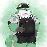  2023 absurd_res anthro belly big_belly black_nose blush canid canine canis clothed clothing domestic_dog green_body hi_res kemono male mammal niaor27 one_eye_closed overweight overweight_male shinosuke solo tamacolle tongue tongue_out white_body wink 