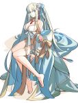  1girl barefoot bikini blue_ribbon breasts chietori cleavage closed_mouth commentary_request detached_sleeves fate/grand_order fate_(series) flower grey_hair hair_between_eyes hair_flower hair_ornament hair_ribbon highres invisible_chair large_breasts long_hair looking_at_viewer morgan_le_fay_(fate) morgan_le_fay_(water_princess)_(fate) ponytail ribbon sidelocks simple_background sitting solo swimsuit toes very_long_hair white_background white_bikini white_flower white_sleeves 