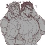  2boys arm_hair bara beard blush collared_shirt couple embarrassed facial_hair fire_emblem flying_sweatdrops garcia_(fire_emblem) gilliam_(fire_emblem) goatee greyscale grin hair_slicked_back hand_on_own_face heart highres hug hug_from_behind juggermelon large_pectorals long_sideburns male_focus mature_male monochrome multiple_boys muscular muscular_male pectorals shirt short_hair sideburns sketch sleeves_pushed_up smile striped striped_sweater sweater thick_eyebrows tight tight_shirt upper_body 