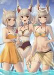  3girls adapted_costume animal_ear_fluff animal_ears bare_legs bikini bracelet breasts cat_ears character_doll chest_jewel cleavage doiparuni dress dromarch_(xenoblade) ear_covers facial_mark fangs grey_hair hair_ribbon highres jewelry long_hair looking_at_viewer low_twintails medium_breasts multiple_girls multiple_persona navel nia_(blade)_(xenoblade) nia_(fancy_sundress)_(xenoblade) nia_(xenoblade) official_alternate_costume one-piece_swimsuit open_mouth partially_submerged ribbon sarong see-through_sarong short_hair smile stomach sundress swimsuit thigh_gap thighlet twintails very_long_ears very_long_hair water whisker_markings xenoblade_chronicles_(series) xenoblade_chronicles_2 xenoblade_chronicles_3 yellow_eyes 
