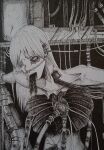  1girl absurdres dark greyscale guro highres intestines monochrome non-web_source original simple_background stomach torture traditional_media vomiting white_hair 