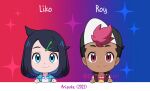  1boy 1girl aqua_eyes artist_name black_hair character_name chibi dark-skinned_male dark_skin hair_ornament hairclip jacket liko_(pokemon) looking_at_viewer open_clothes open_jacket pokemon pokemon_(anime) pokemon_sv_(anime) red_eyes red_hair red_shirt roy_(pokemon) sara_bon shirt smile white_shirt 