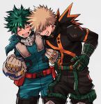  2boys ^_^ aqua_bodysuit baggy_pants bakugou_katsuki belt belt_pouch black_pants blonde_hair blush boku_no_hero_academia chiyaya clenched_hands closed_eyes cowboy_shot eyebrows_hidden_by_hair freckles from_side gloves green_gloves green_hair grey_background grey_gloves hair_between_eyes hands_on_own_hips hands_up happy head_down headgear highres knee_pads laughing leaning_forward leaning_to_the_side male_focus midoriya_izuku multiple_boys open_mouth orange_gloves pants pouch profile red_belt round_teeth short_hair simple_background single_horizontal_stripe smile snap-fit_buckle spiked_hair teeth two-tone_gloves utility_belt wrist_guards x 