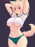  1girl animal_ear_fluff animal_ears arms_up blonde_hair blush breasts buruma cat_ears cat_girl cat_tail commentary cowboy_shot english_commentary green_buruma gym_uniform hair_ornament highres large_breasts long_hair navel nottytiffy original parted_lips patreon_username ponytail red_eyes shirt simple_background solo stomach tail tiffy_(nottytiffy) underboob white_shirt 