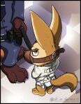  2018 angry anthro barefoot belt belt_buckle black_necktie blue_bottomwear blue_clothing blue_dress_shirt blue_pants blue_shirt blue_topwear bottomwear briefs brown_body brown_fur butt canid canine claws clothing disney duo feet fennec floor fox fur gag holster inside leash male mammal necktie nick_wilde orange_body orange_fur pants restraints shadow shirt straitjacket tan_body tan_fur tighty_whities tile tile_floor topwear underwear vir-no-vigoratus white_briefs white_clothing white_straitjacket white_underwear yellow_eyes zootopia 