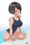  1girl absurdres artist_name black_hair black_one-piece_swimsuit blue_eyes breasts chestnut_mouth competition_swimsuit confused_alif highres hololive large_breasts looking_at_viewer multicolored_clothes multicolored_swimsuit one-piece_swimsuit one_eye_closed oozora_subaru poolside short_hair simple_background solo swept_bangs swimsuit tan virtual_youtuber water white_background 