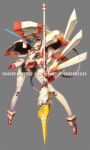  arm_up breasts cable closed_mouth copyright_name darling_in_the_franxx grey_background highres holding holding_polearm holding_weapon horns lance legs_apart looking_at_viewer mecha medium_breasts no_humans orange_eyes polearm robot science_fiction simple_background single_horn solo standing strelizia susagane weapon 