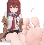  1girl bare_legs barefoot belt black_shorts blush brown_jacket collared_shirt commentary_request dorsiflexion embarrassed eyelashes feet foot_focus foot_out_of_frame foreshortening hair_between_eyes highres jacket kahlua_(artist) legs long_hair long_sleeves looking_at_viewer makise_kurisu necktie off_shoulder on_ground open_clothes open_jacket purple_eyes red_hair red_necktie shadow shirt short_shorts shorts simple_background sitting soles solo steins;gate sweatdrop toes white_background white_belt white_shirt 