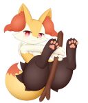  1girl :3 animal_ear_fluff animal_ears animal_feet animal_hands animal_nose black_fur blush braixen claws closed_mouth commentary_request feet flat_chest fox_ears fox_girl fox_tail full_body furry furry_female happy holding holding_stick kinako_(kinako_kemono) legs legs_up looking_at_viewer multicolored_fur neck_fur outstretched_arms own_hands_together pawpads pokemon pokemon_(creature) red_eyes simple_background sitting smile soles solo stick tail thick_thighs thighs toes white_background white_fur yellow_fur 