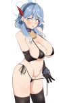  1girl :o absurdres ako_(blue_archive) bell bikini black_bikini black_gloves black_thighhighs blue_archive blue_eyes blue_hair blue_hairband blush breasts cowbell earrings gloves hairband halo highres jewelry large_breasts medium_hair micro_bikini neck_bell seihekiog simple_background skindentation solo stud_earrings sweatdrop swimsuit thighhighs untied untied_bikini v-shaped_eyebrows white_background 