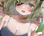  1girl black_sports_bra blue_eyes blush breasts cleavage collarbone commentary_request dutch_angle eyepatch green_hair hair_between_eyes highres holding holding_hose hose large_breasts looking_at_viewer medium_bangs medium_hair nanashi_inc. open_mouth outdoors pointy_ears sekishiro_mico smile solo sparkle sports_bra tamotsu_(mary) upper_body virtual_youtuber water 