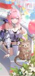  1girl =_= alternate_costume animal arm_support balloon bare_shoulders blue_eyes breasts can_(honkai_impact) cat chinese_commentary chyoel day detached_sleeves elysia_(honkai_impact) flower hair_flower hair_ornament highres honkai_(series) honkai_impact_3rd kneeling long_hair medium_breasts official_art official_wallpaper outdoors pink_hair plant pointy_ears single_thighhigh thighhighs white_flower white_thighhighs 