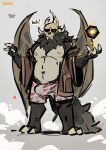  &lt;3 4_horns anthro belly black_body black_fur bone bottomwear bulge claws clothed clothing disney facial_hair fur hi_res hooved_toes hooves horn looking_at_viewer magic male multi_horn musclegut neck_tuft nipples overweight overweight_anthro overweight_male papa_titan_(the_owl_house) pecs robe skull skull_head solo teeth thaires the_owl_house topwear tuft underwear wings wings_folded 