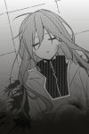  1girl blood blood_from_mouth blood_on_clothes blood_on_face blood_on_ground blood_stain closed_eyes commentary crosshatching death greyscale hair_between_eyes hair_spread_out hands_on_own_stomach hatching_(texture) highres hood hood_down hoodie kagerou_project kido_tsubomi koyon long_hair monochrome on_floor own_hands_together parted_lips screentones shirt solo tile_floor tiles upper_body zipper 