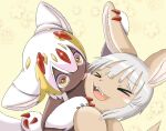  &gt;_&lt; 1girl 1other animal_ears bad_id bad_twitter_id black_skin blonde_hair claws colored_skin extra_arms fangs faputa furry highres inactive_account licking licking_another&#039;s_face made_in_abyss monster_girl multicolored_hair nanachi_(made_in_abyss) open_mouth pita9412 rabbit_ears tongue tongue_out whiskers white_hair yellow_eyes 