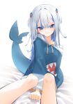  1girl absurdres animal_costume blue_eyes blue_hair blue_hoodie feet_out_of_frame fins fish_tail gang_h gawr_gura gawr_gura_(1st_costume) hair_ornament highres hololive hololive_english hood hoodie looking_at_viewer medium_hair multicolored_hair shark_costume shark_girl shark_hair_ornament shark_tail smile solo streaked_hair tail two_side_up virtual_youtuber white_background white_hair 