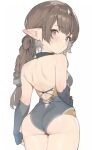  armwear big_butt blush bodysuit brown_eyes brown_hair butt clothing elbow_gloves elf female gloves granblue_fantasy haaselia hair handwear harvin huge_butt humanoid humanoid_pointy_ears long_hair mouth_closed rear_view simple_background skinsuit solo tight_clothing 