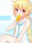  blonde_hair food food_in_mouth fruit hair_flaps kantai_collection long_hair myao_(jumca_my) orange_(fruit) orange_slice popsicle_in_mouth sailor_collar satsuki_(kancolle) sidelocks sleeveless twintails yellow_eyes 