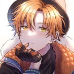  1boy black_headwear closed_mouth commentary earrings gloves hand_up hoop_earrings jewelry light_blush looking_at_viewer male_focus nozu63 orange_hair portrait project_sekai shinonome_akito short_hair simple_background solo stud_earrings white_background yellow_eyes 