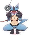  anthro biped black_body black_fur blue_body blue_fur blush bodily_fluids breasts breath camel_toe cleavage clothed clothing crouching eyelashes female front_view fur generation_4_pokemon hi_res hypnosis lucario mind_control navel nintendo nipple_outline open_mouth park_horang pokemon pokemon_(species) red_eyes solo sweat tan_body tan_fur 