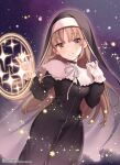  1girl black_dress brown_eyes capelet copyright cowboy_shot dress gloves hands_up high_collar highres light_brown_hair long_hair looking_at_viewer magic neck_ribbon nijisanji nun official_art ribbon shigure_ui sister_cleaire smile solo sparkle traditional_nun virtual_youtuber white_capelet white_gloves white_ribbon wixoss zipper 