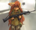  2023 5_fingers absurd_res anthro apogee_(tinygaypirate) bottomwear brown_eyes brown_hair camo camo_bottomwear camo_clothing camo_pants camo_print canid canine canis clothed clothing domestic_dog ear_flop ear_piercing eye_piercing female fingers fully_clothed gun hair hi_res holding_gun holding_object holding_weapon long_hair looking_at_viewer mammal pants pattern_bottomwear pattern_clothing pattern_pants piercing ranged_weapon solo standing tinygaypirate weapon 